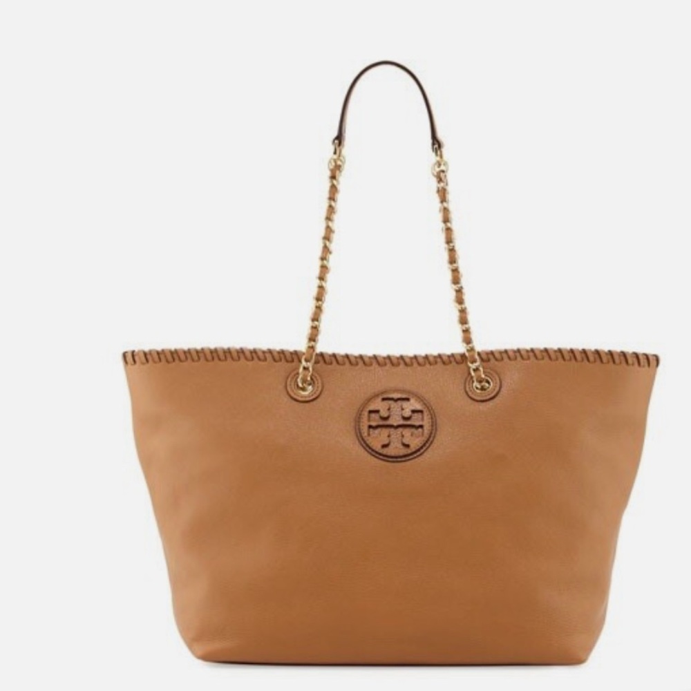 Tory Burch Marion Large Tan Leather Tote with Gold Chain